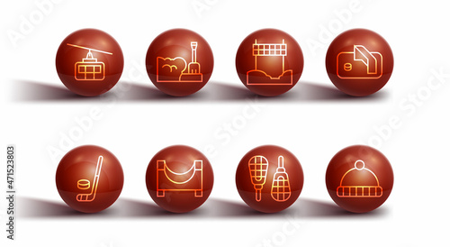 Set line Cable car, Ice hockey stick and puck, goal, Snowshoes, Skate park, Shovel in snowdrift, Winter hat and Ribbon finishing line icon. Vector