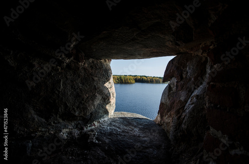 View from the loophole of the Solovetsky fortress. Lake view