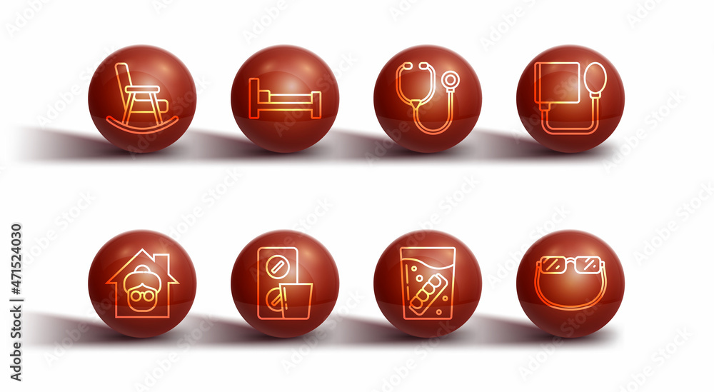 Set line Rocking chair, Nursing home, Blood pressure, False jaw glass, Pills blister pack, Bed, Eyeglasses and Stethoscope icon. Vector Set line Rocking chair, Nursing home, Blood pressure, False jaw glass, Pills blister pack, Bed, Eyeglasses and Stethoscope icon. Vector