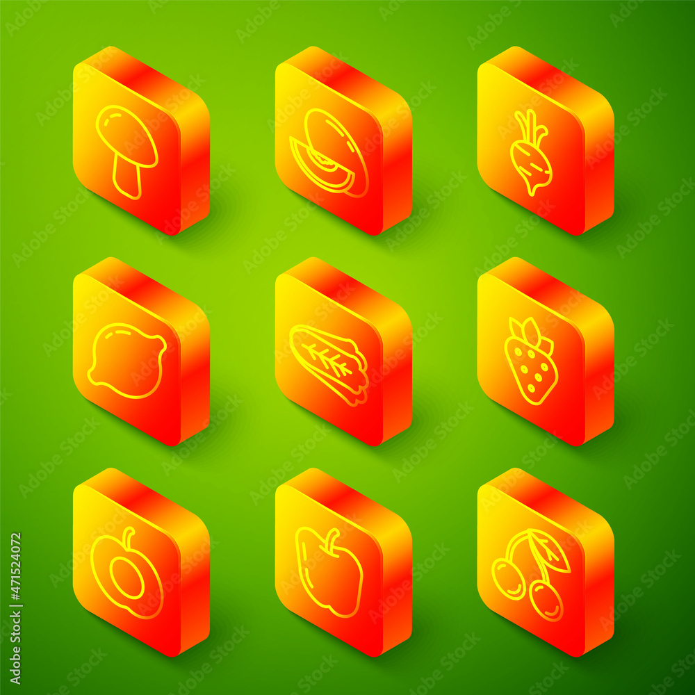 Set line Mushroom, Melon fruit, Beet, Lemon, Cabbage, Strawberry, Peach and Apple icon. Vector Set line Mushroom, Melon fruit, Beet, Lemon, Cabbage, Strawberry, Peach and Apple icon. Vector