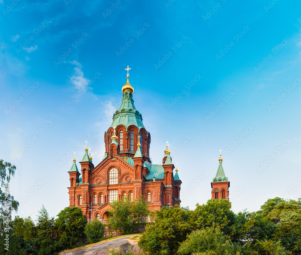 Helsinki, Finland. Uspenski Cathedral On Hill At Summer Sunny Day. Red Church
