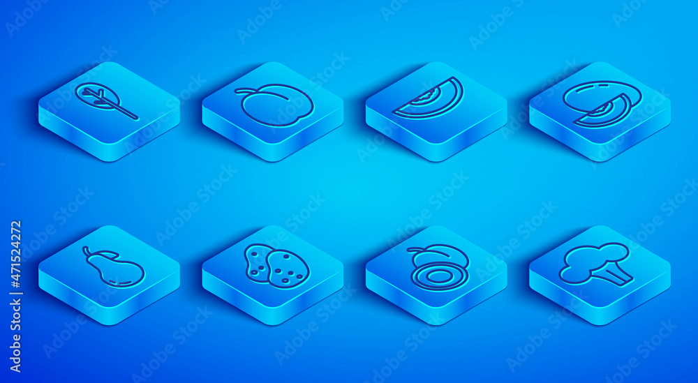 Set line Spinach, Plum fruit, Melon, Potato, Pear and Broccoli icon. Vector Set line Spinach, Plum fruit, Melon, Potato, Pear and Broccoli icon. Vector