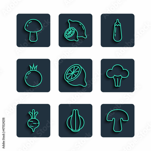 Set line Beet, Onion, Mushroom, Eggplant, Lemon, Tomato, and Broccoli icon. Vector