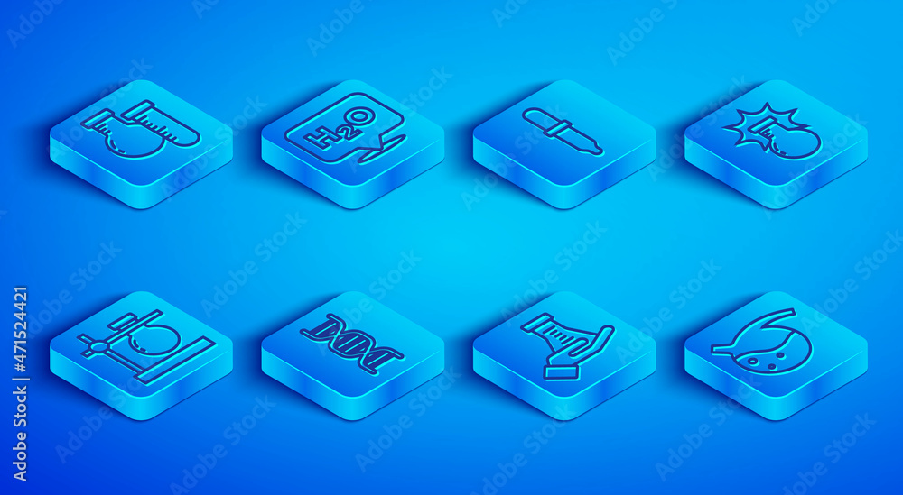 Set line Test tube and flask, Chemical formula for H2O, Pipette, DNA symbol, explosion, stand and icon. Vector Set line Test tube and flask, Chemical formula for H2O, Pipette, DNA symbol, explosion, stand and icon. Vector