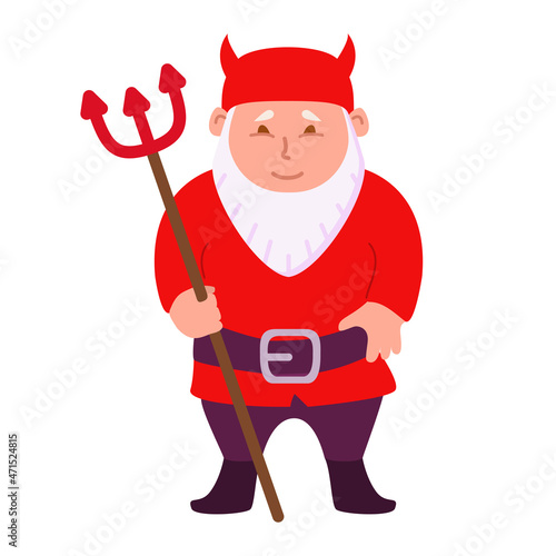 Halloween gnome.Vector flat illustration.Isolated on white background.The man in a suit in a devil costume with a trident.