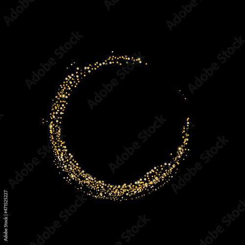 Gold glitter confetti on a black background. Scattered in a circle are shiny particles, sand. Decorative element, golden zen. Luxury background for your design, postcard, vector