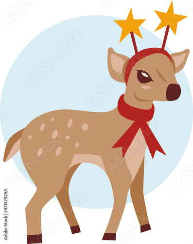 The image of a winter fawn in a scarf and funny horns on the white background