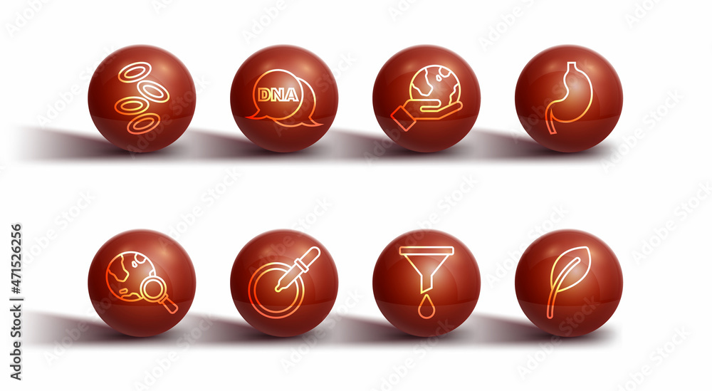Set line Hemoglobin, Magnifying glass with globe, Human stomach, Funnel or filter, Petri dish pipette, DNA symbol, Leaf leaves and Hand holding Earth icon. Vector Set line Hemoglobin, Magnifying glass with globe, Human stomach, Funnel or filter, Petri dish pipette, DNA symbol, Leaf leaves and Hand holding Earth icon. Vector