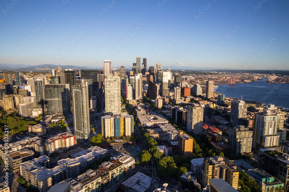 Seattle, Washington, USA - June 4 2021: Seattle downtown panoramic skyline during summer sunset. View from Seattle needle.