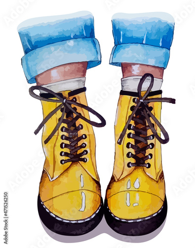 Watercolor yellow sneakers. Yellow traced shoes. Light summer bright boots. Grinders or Martins.