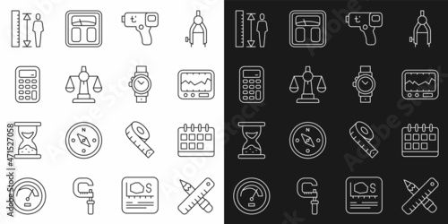 Set line Crossed ruler and pencil, Calendar, Measuring instrument, Digital thermometer, Scales of justice, Calculator, height body and Wrist watch icon. Vector