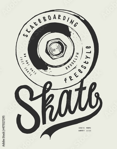 Skateboard wheel vintage typography t-shirt print vector illustration.