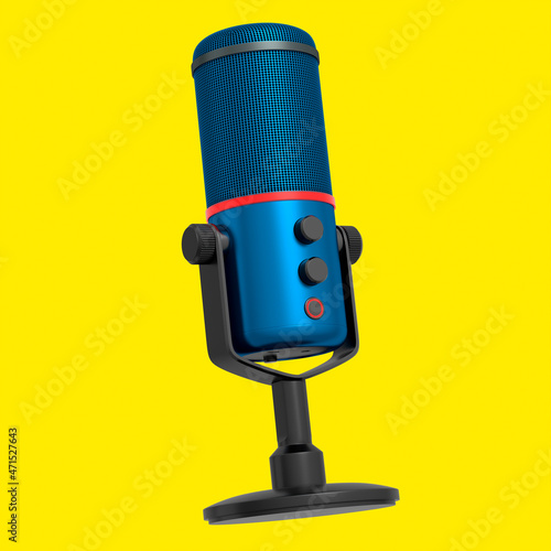 3D rendering of blue studio condenser microphone isolated on yellow background