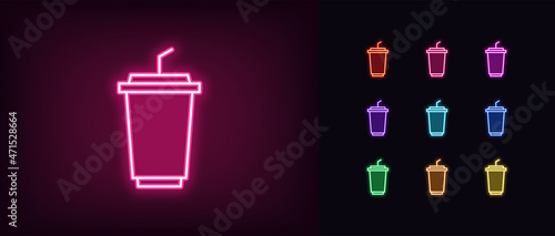 Outline neon drink icon. Glowing neon glass, takeaway drink cup with straw, paper glass pictogram. Fruit juice, cold tea and coffee to go, milk cocktail, soda. Vector icon set, symbol for UI