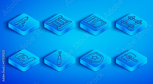 Set line Pistol or gun, Prison window, Plastic bag of drug, Telescopic baton, Police badge, Thief mask and Protest icon. Vector