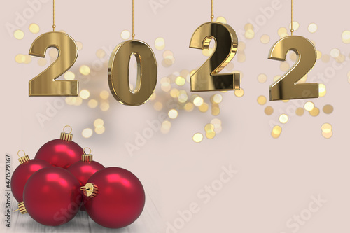 happy new year - 2022  splendid fat bold golden digits hanging on strings with shiny red baubles below creamy bokeh  background - copy space