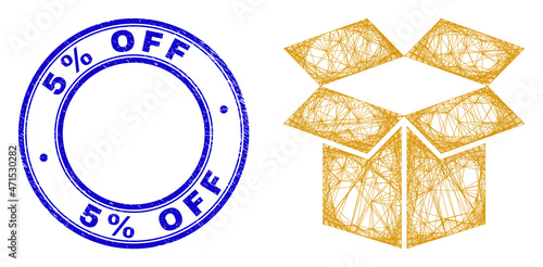 Carcass irregular mesh open carton box icon, and 5% Off unclean round seal imitation. Abstract lines are combined into open carton box illustration.