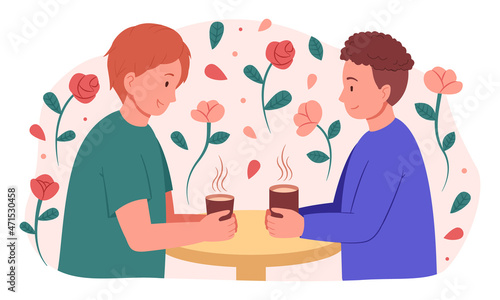 Young guys are talking. Break at the cafe. Shares emotions. They drink coffee. Vector illustration