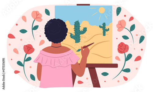 The girl paints a picture. Spends free time. Relaxation. Caring for the emotional state. Vector illustration, 