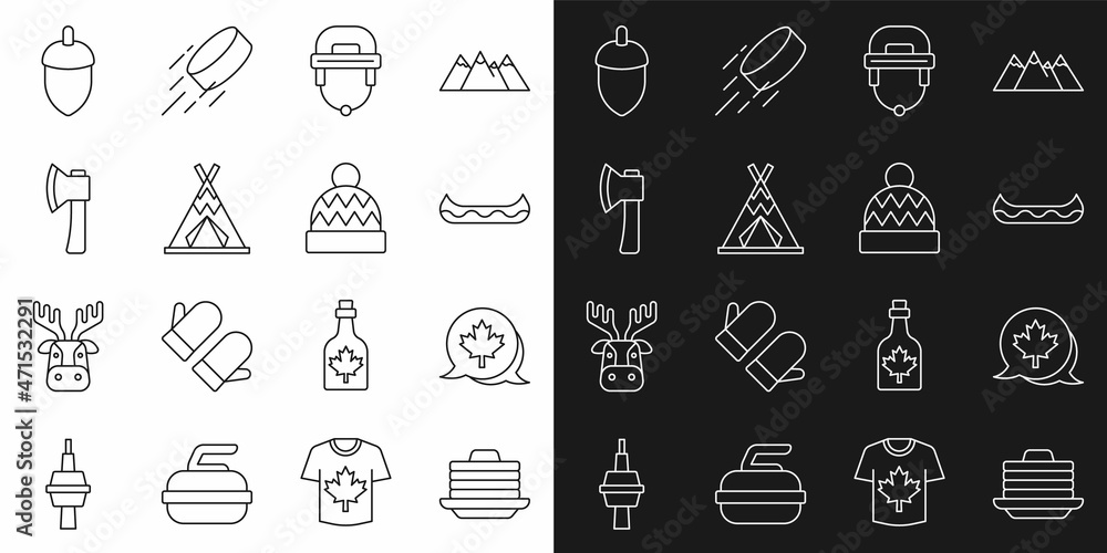 Set line Stack of pancakes, Canadian maple leaf, Kayak, Hockey helmet, Indian teepee or wigwam, Wooden axe, Acorn and Beanie hat icon. Vector Set line Stack of pancakes, Canadian maple leaf, Kayak, Hockey helmet, Indian teepee or wigwam, Wooden axe, Acorn and Beanie hat icon. Vector