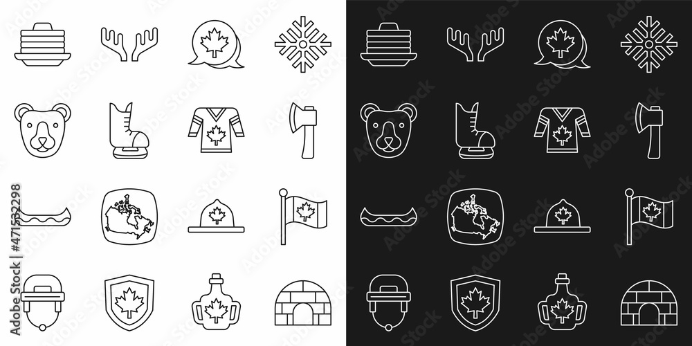 Set line Igloo ice house, Flag of Canada, Wooden axe, Canadian maple leaf, Skates, Bear head, Stack pancakes and Hockey jersey icon. Vector
