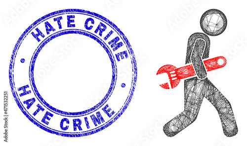 Hatched irregular mesh thief steal spanner icon, and Hate Crime scratched round stamp. Abstract lines form thief steal spanner illustration.