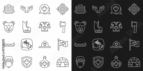 Set line Igloo ice house, Flag of Canada, Wooden axe, Canadian maple leaf, Skates, Bear head, Stack pancakes and Hockey jersey icon. Vector