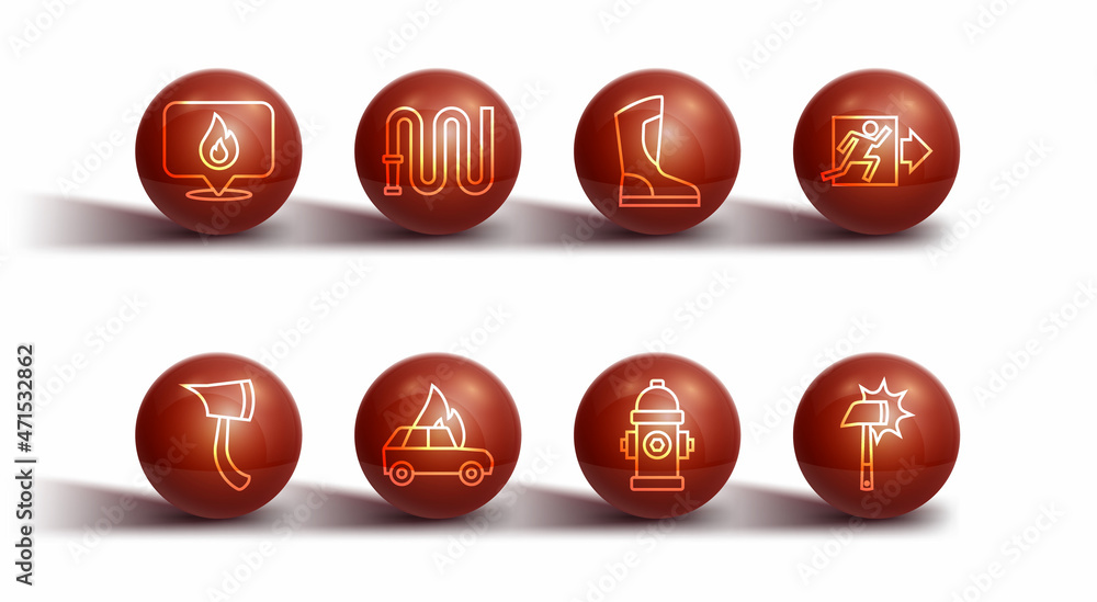 Set line Location with fire flame, Firefighter axe, exit, hydrant, Burning car, hose reel, and boots icon. Vector Set line Location with fire flame, Firefighter axe, exit, hydrant, Burning car, hose reel, and boots icon. Vector