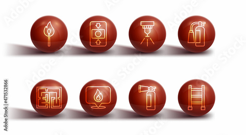 Set line Burning match with fire, Evacuation plan, Fire extinguisher, Location flame, alarm system, escape and sprinkler icon. Vector