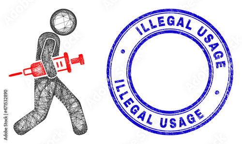 Wire frame irregular mesh vaccine robber icon with Illegal Usage unclean round stamp seal. Abstract lines form vaccine robber illustration.