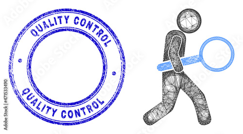 Carcass irregular mesh zoom glass inspector icon, and Quality Control Inspector corroded round stamp seal. Abstract lines form zoom glass inspector picture.