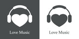 Logotipo con texto Love Music con corazón con audifonos para su uso en invitaciones y tarjetas de felicitación en fondo gris y fondo blanco