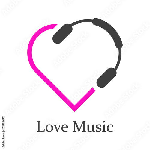 Logotipo lineal con texto Love Music con audifonos con forma de corazón para su uso en invitaciones y tarjetas de felicitación en color rosa y gris