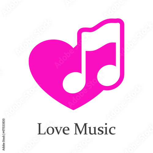 Logotipo lineal con texto Love Music con nota musical en corazón para su uso en invitaciones y tarjetas de felicitación en color rosa