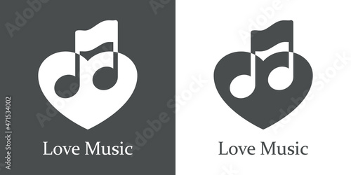 Logotipo con texto Love Music con nota musical en corazón para su uso en invitaciones y tarjetas de felicitación en fondo gris y fondo blanco
