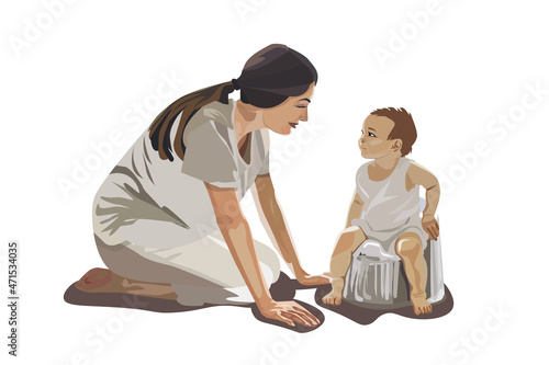 Caring smiling mom teaches her cute baby to potty. Vector illustration.