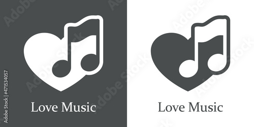 Logotipo lineal con texto Love Music con nota musical en corazón para su uso en invitaciones y tarjetas de felicitación en fondo gris y fondo blanco