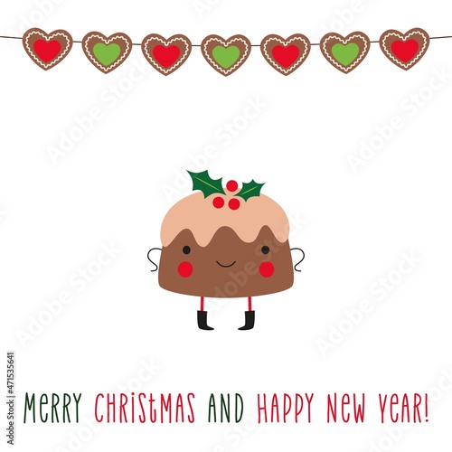 Christmas and New Year vector greeting card with a cute holiday pudding