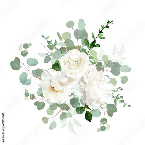 Classic white peony, cream beige rose and ranunculus flowers, eucalyptus, greenery