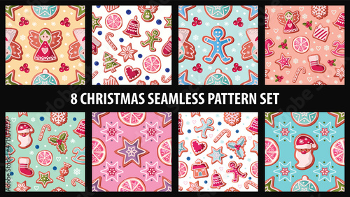 Christmas seamless pattern set. Gingerbread cookies. Cozy cartoon print for wrapping paper, banners, pajamas. Vector