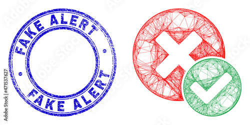 Network irregular mesh true negative icon with Fake Alert scratched round stamp seal. Abstract lines form true negative illustration. Blue stamp seal contains Fake Alert tag inside round form.