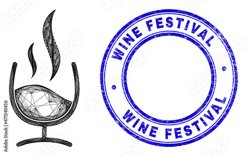 Net irregular mesh wine aroma icon with Wine Festival unclean round stamp seal. Abstract lines form wine aroma illustration. Blue stamp seal has Wine Festival caption inside round shape.