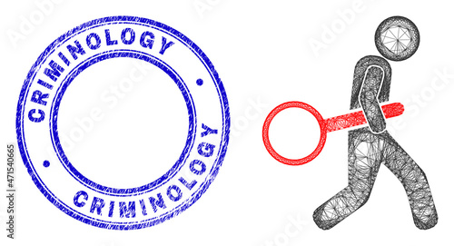 Network irregular mesh zoom glass robber icon, and Criminology unclean round stamp seal. Abstract lines form zoom glass robber illustration. Blue stamp seal has Criminology caption inside circle form.