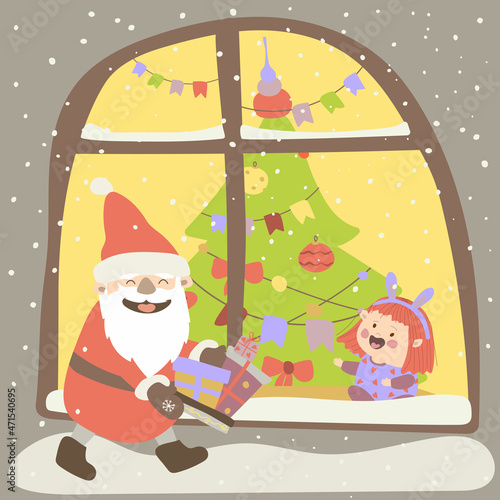 Jolly Ded Moroz carries Christmas presents. A little girl sits by the window and waits for Santa Claus. Vector illustration in cartoon style. Hand drawing. For print, web design.
