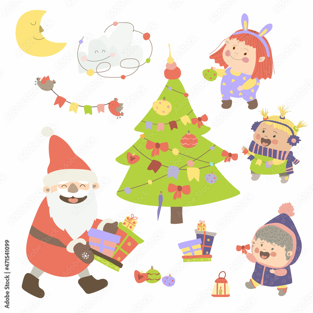 New Year's Elements set on a white background. Santa Claus carries presents. Cheerful girls and the snowman decorate the Christmas tree. Vector illustration in cartoon style. Hand drawing. 