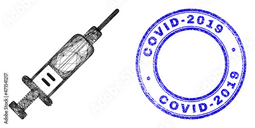Net irregular mesh syringe icon with Covid-2019 Vaccination grunge round stamp seal. Abstract lines form syringe picture. Blue stamp seal has Covid-2019 Vaccination text inside round form.