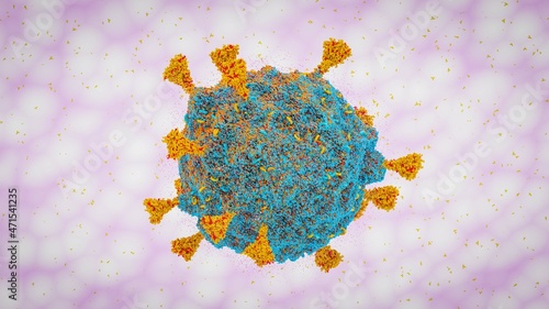 COVID-19 virus SARS-COV-2, ARN enclosed in protein shell  covid-19 B.1.1.529 South Africa strain 3d rendering  photo