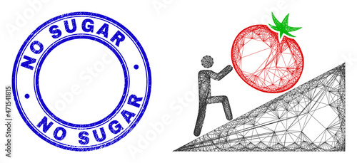 Carcass irregular mesh man rolling tomato up icon with No Sugar grunge round seal print. Abstract lines form man rolling tomato up illustration. Blue seal has No Sugar tag inside round form.