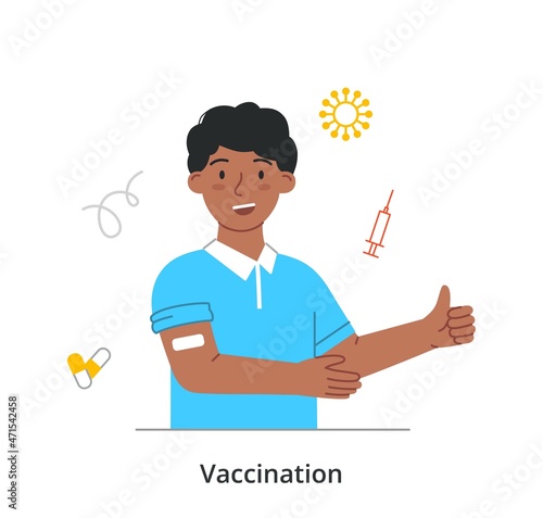 Vaccinated person concept. Man with patch on his shoulder shows thumbs up gesture. Male character protects himself from viral infections. Prevention and healthcare. Cartoon flat vector illustration