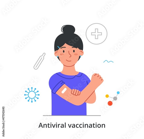 Vaccinated person concept. Young woman with plasters on her shoulder. Medicine or prevention of infectious diseases. Female character protects body from viruses. Cartoon flat vector illustration